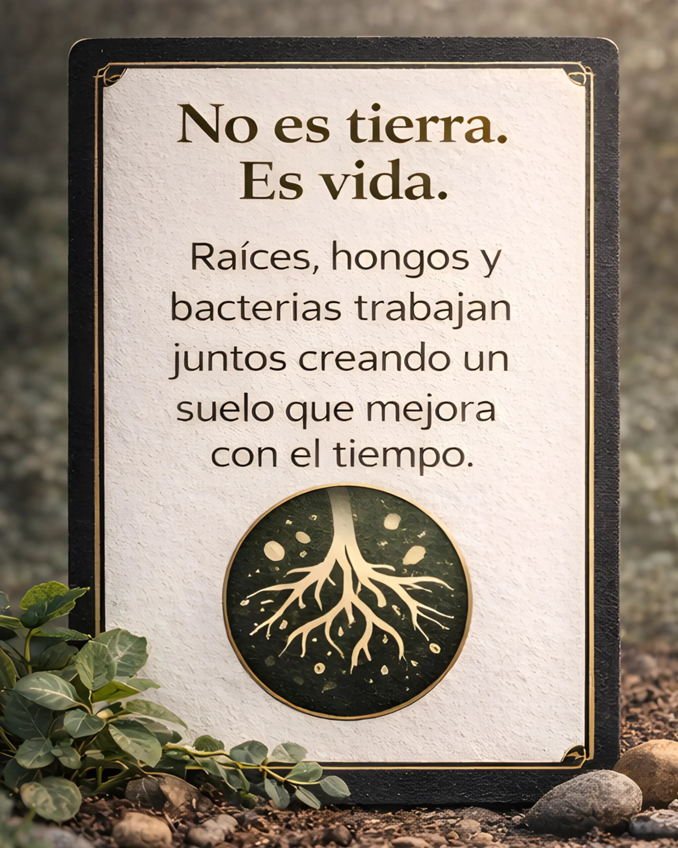Ecosistema vivo del Bosque Eterno con raíces, hongos y bacterias trabajando juntos en suelo vivo no-till dentro de maceta textil.