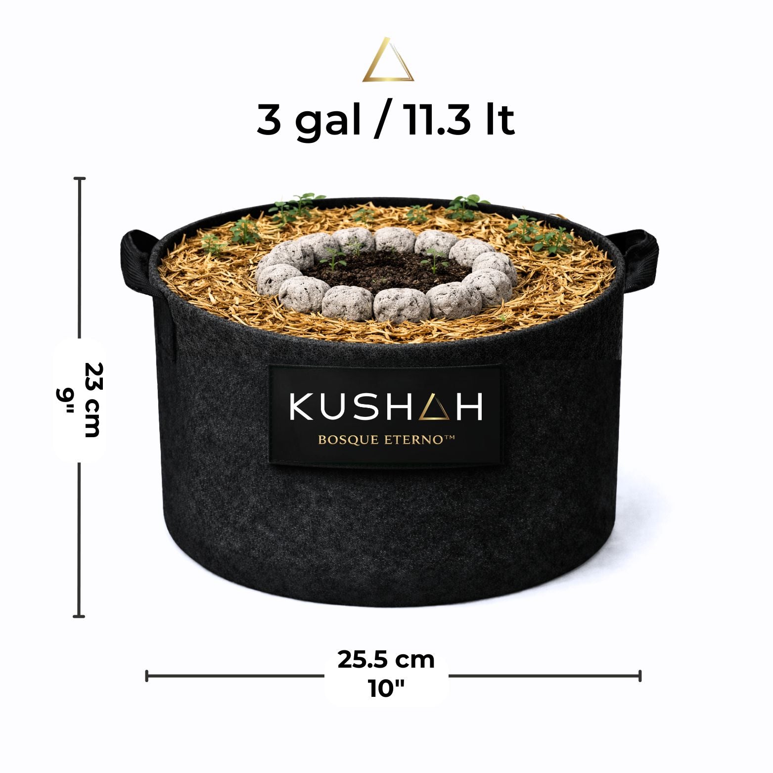 Maceta Bosque Eterno KUSHAH de 3 galones (25.5 x 23 cm) con suelo vivo living soil no-till, mulch orgánico y sistema autosustentable para cultivos compactos