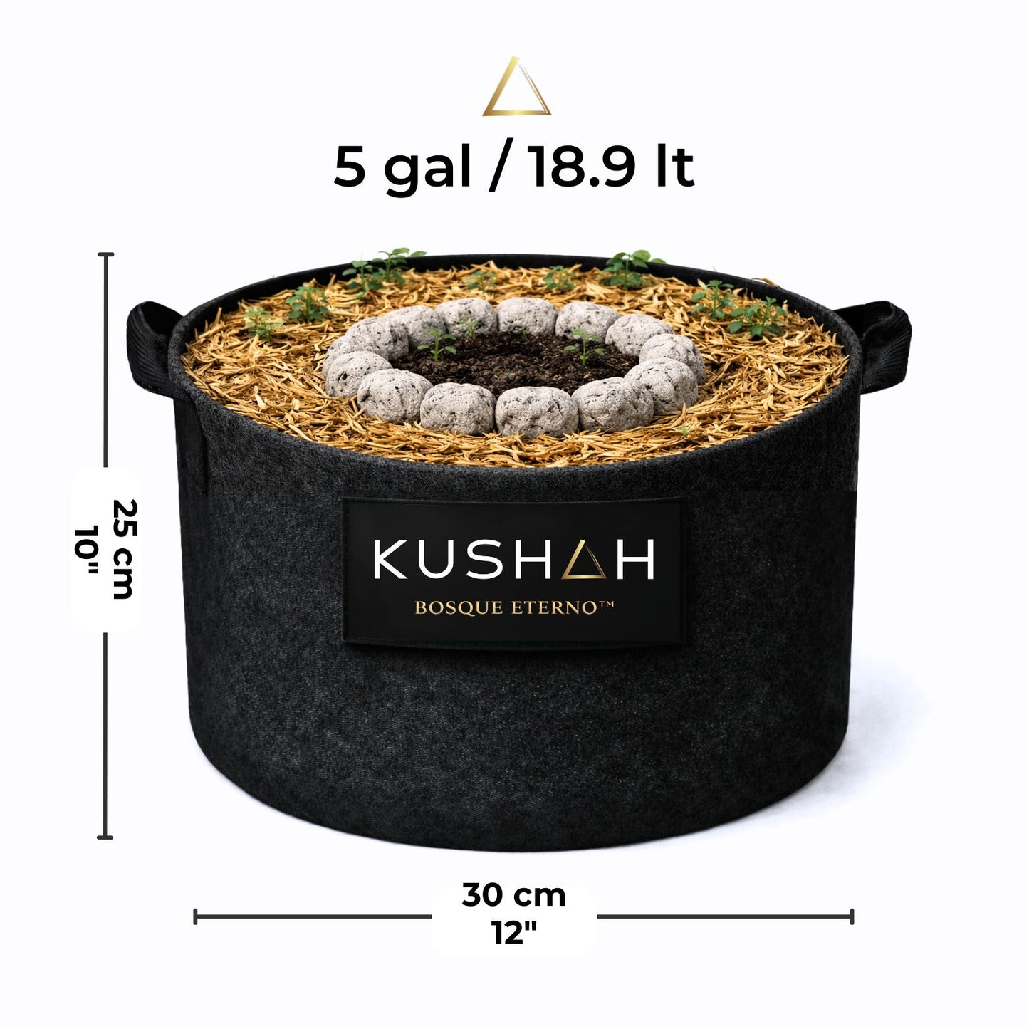 Maceta Bosque Eterno KUSHAH de 5 galones (30 x 25 cm) con living soil no-till, mulch orgánico y sistema de suelo vivo para cultivo de alto rendimiento en exterior o interior