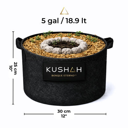 Maceta Bosque Eterno KUSHAH de 5 galones (30 x 25 cm) con living soil no-till, mulch orgánico y sistema de suelo vivo para cultivo de alto rendimiento en exterior o interior