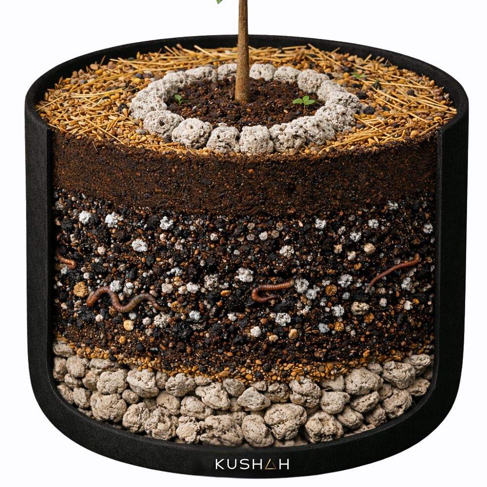 Corte transversal del Living Soil Bosque Eterno de KUSHAH con capas de suelo vivo no-till, drenaje y microbiología activa.