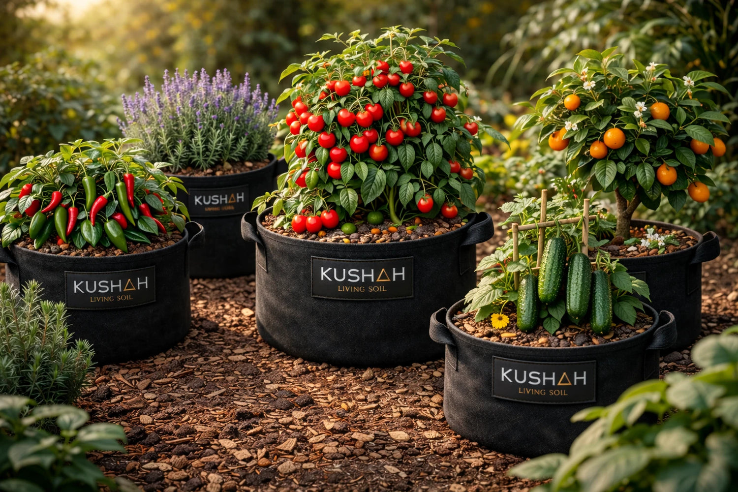 Macetas KUSHAH Living Soil Bosque Eterno con tomates cherry, chiles, pepinos, lavanda y mandarina cultivados en suelo vivo no-till.
