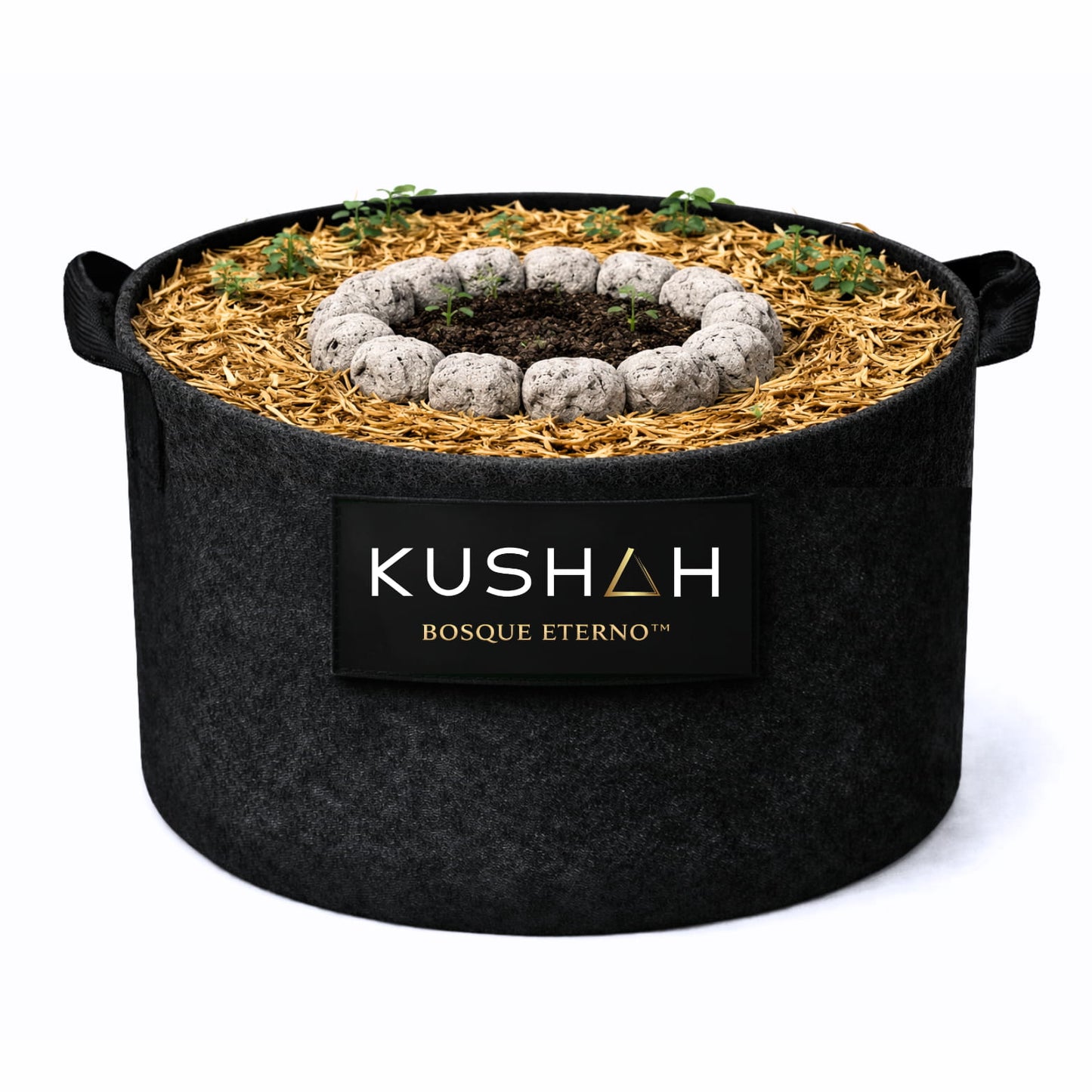 Maceta KUSHAH Living Soil Bosque Eterno, suelo vivo no-till con microbiología activa y mulch orgánico.