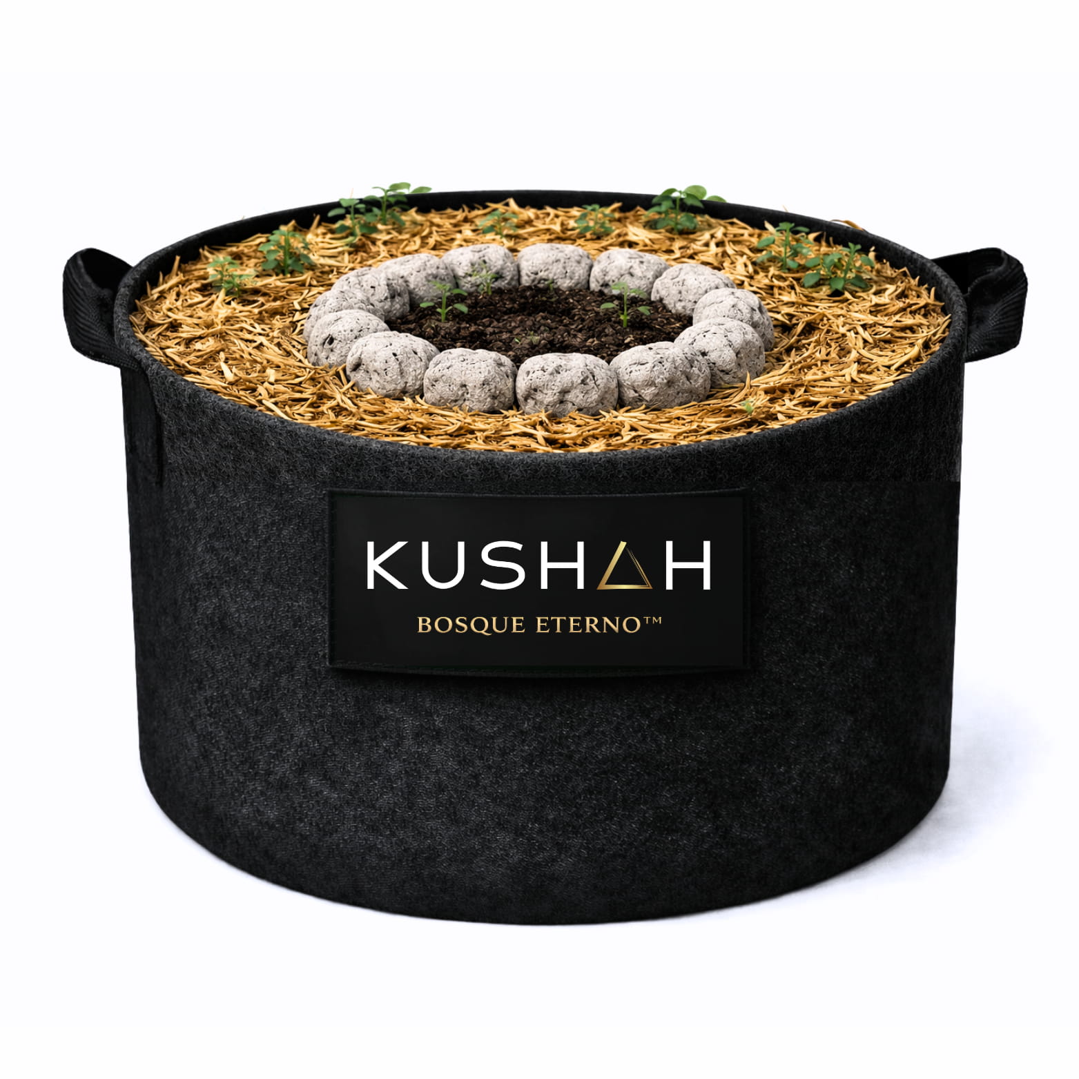 Maceta KUSHAH Living Soil Bosque Eterno, suelo vivo no-till con microbiología activa y mulch orgánico.