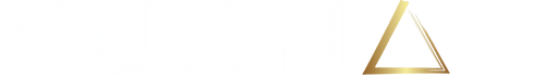 Logotipo dorado y blanco de la marca KUSHAH para productos premium de cannabis.